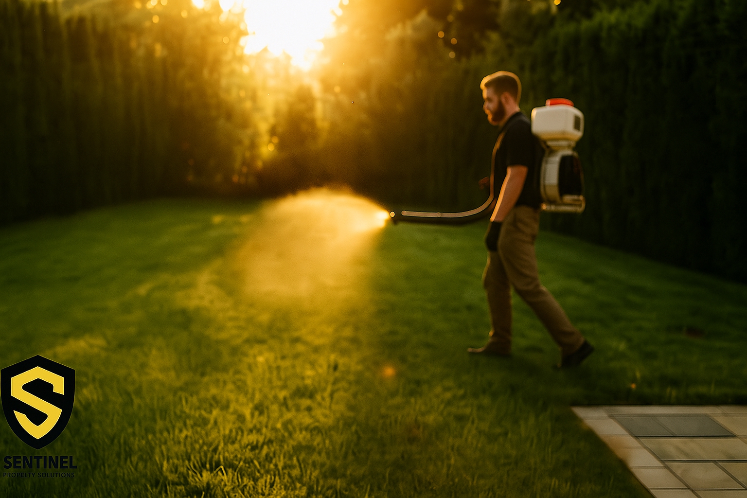 Professional mosquito control technician applying treatment during golden hour