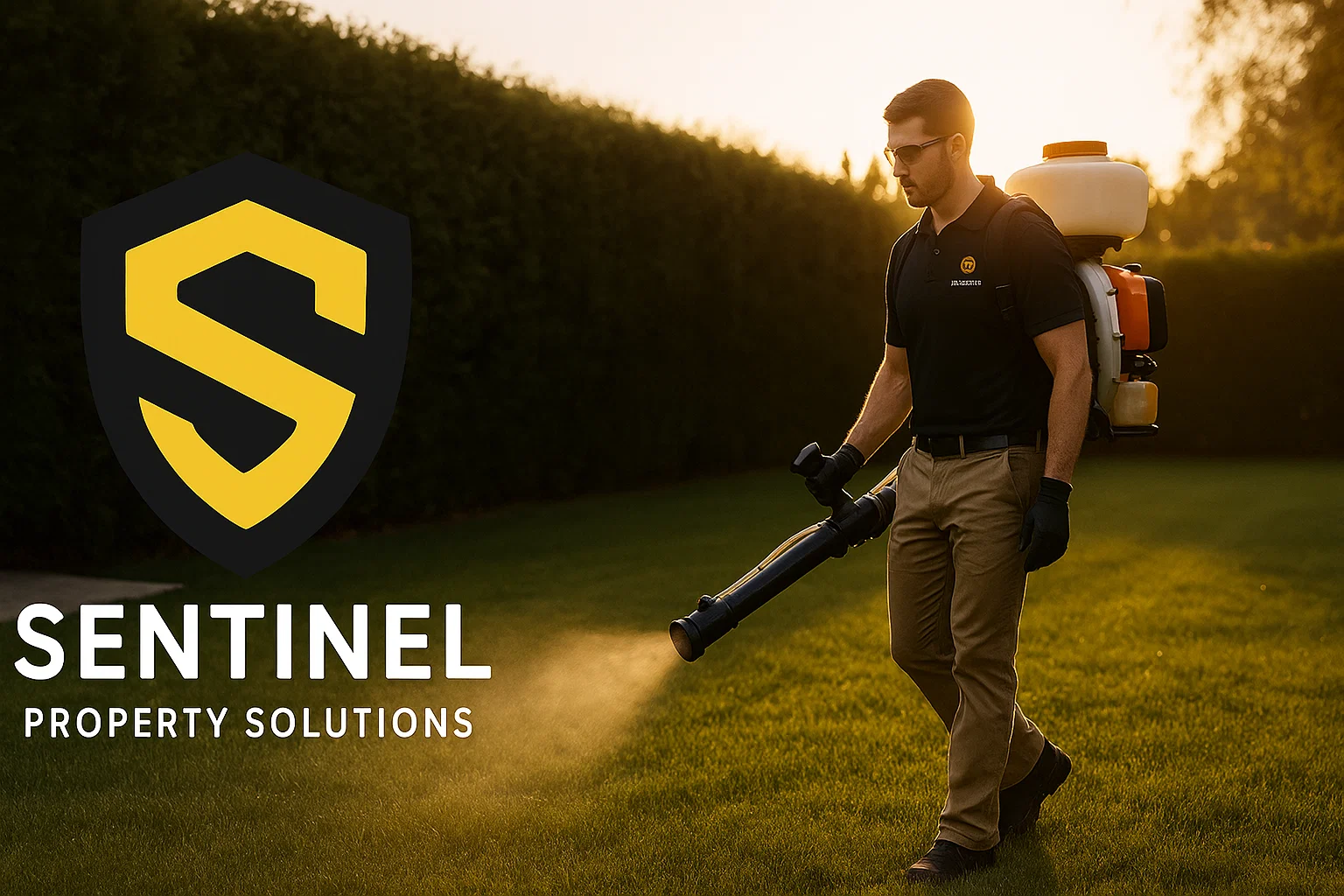 Professional Sentinel Property Solutions technician providing mosquito control service during golden hour