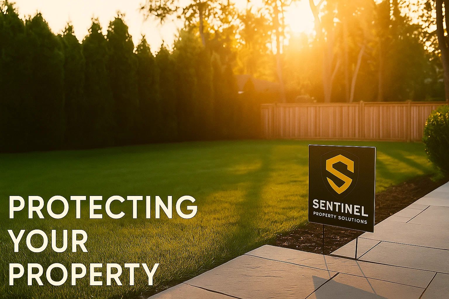 Sentinel Property Solutions protecting your property - beautiful backyard with company sign at golden hour